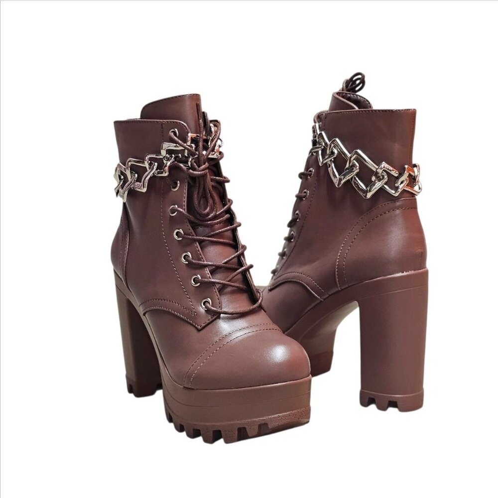 Mocha Platform Chunky-Heeled Lace-Up Ankle Boots With Chain Detail & Side Zipper